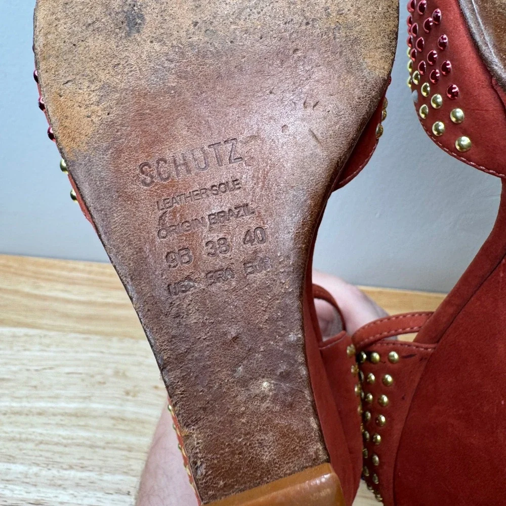 Schutz Burnt Orange Suede Studded Wedge Sandals Peep Toe Ankle Strap Size 9B